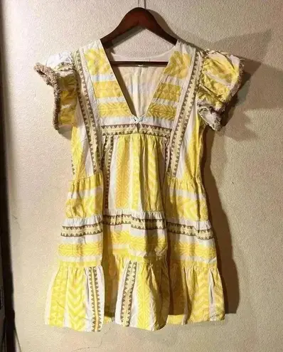 THML Flutter Sleeve Embroidered Vneck Dress Yellow Brown White Side Zip Size XS