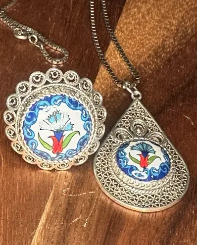 DGS Sterling Silver 925 Filigree Handpainted Ceramic Ring & Pendant Sz 6.5