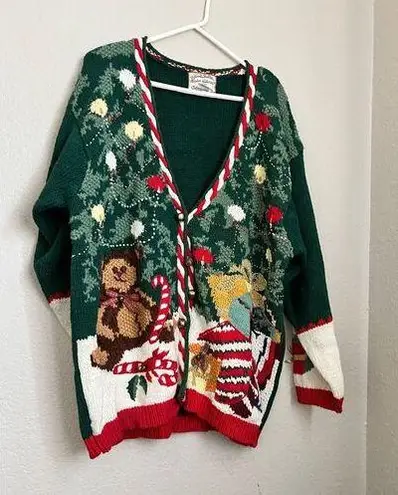 heirloom collectibles  90s  Green Teddybear Christmas cardigan sweater 26 28