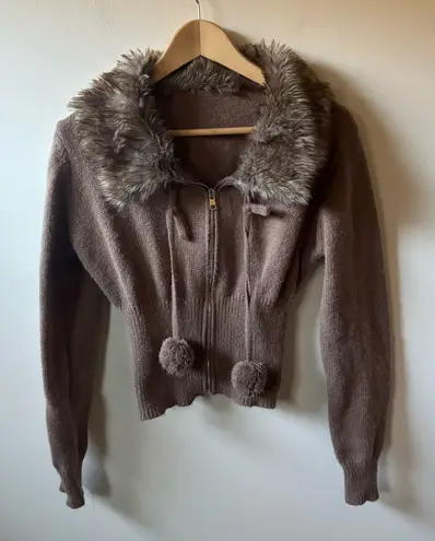 Y2K Style Zip Up Sweater with Faux Fur Collar Brown