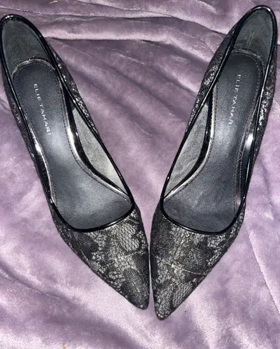 Elie Tahari Pointed Toe Heels Black With Gold Trim Lace Pumps