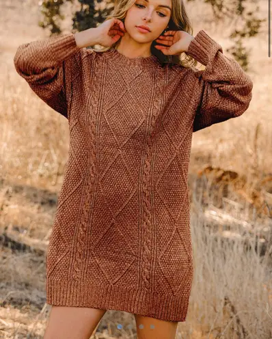 GRACE LILLY Cable Knit Drop Shoulder Loose Fit Sweater Dress Brown Size L