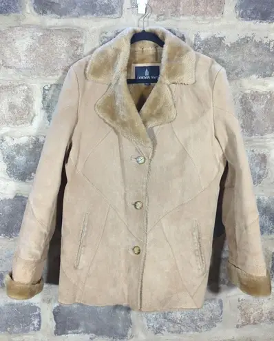 London Fog Vintage Suede Coat Woman's Large Tan Faux Fur Lined Collegiate