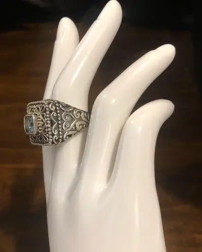 BARSE Blue Topaz Sterling Silver Filigree Cut Out Statement Ring Sz 7