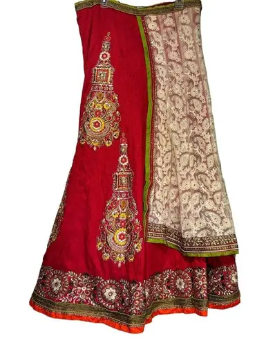 Handmade Lehenga India Traditional Floral Embroidered Lace Boho Long Maxi Pleated Skirt