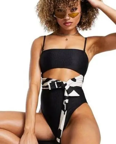River Island Cut Out Tie Waist Bandeau One Piece Swimsuit Black Size 8 NWT (b16)