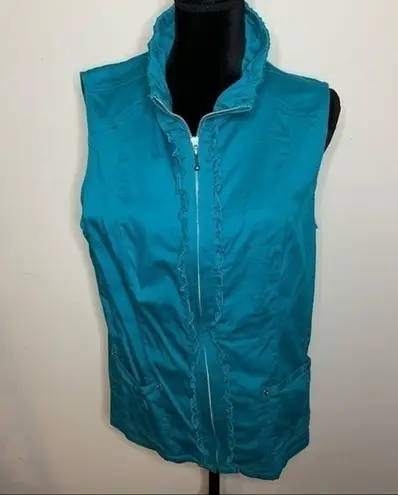 Christopher & Banks Cotton Zip-front Ruffle Trim Casual Vest Teal XL