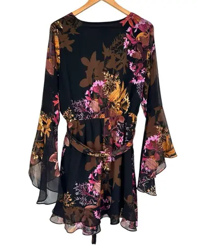 City Chic Malaga Floral Mini Dress in Black size S/16 Bell Sleeve Faux Wrap