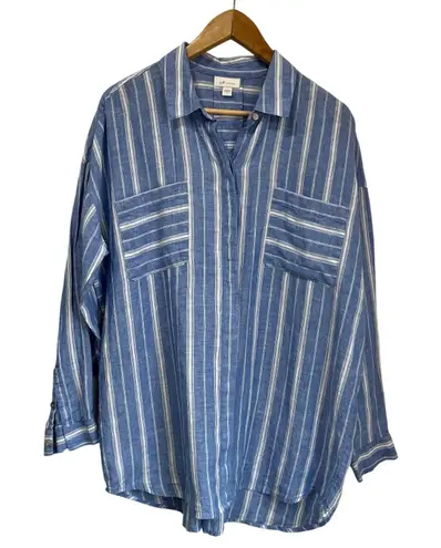J.Jill Love Linen Blue White Stripe Button Back Shirt 100% Linen Size Large