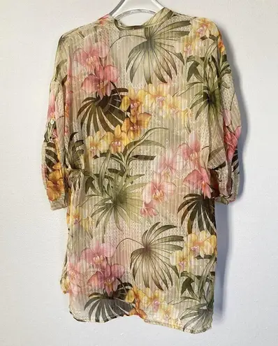 Tommy Bahama  Top Women Small Sheer Tropical Floral Print Popover Roll Tab Sleeve