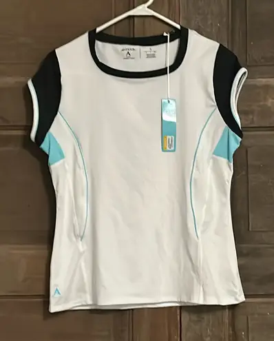 Antigua DESERT DRY Womens Size Small White Blue Top Cap Sleeve Tennis Stretch