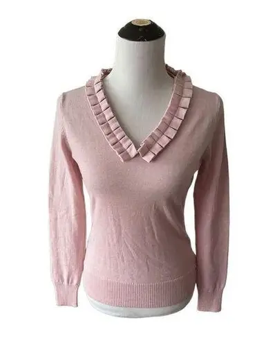 Brooks Brothers pink/lavender Merino Wool ruffled V-Neck pullover sweater sz S