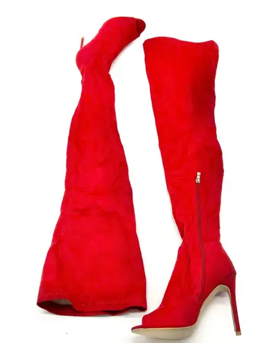 Ultra High Boots Over The Knee Peep Toe High Booties Heels Stiletto Slim Fit Suede Shoes Thigh Boots Red Size 6