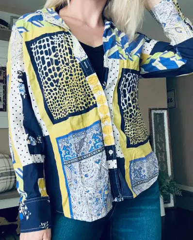 Unique Vintage Vintage Elliott Lauren Funky Retro Mixed Print Button Up Top