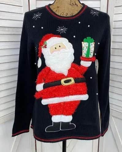 Red Label Fuzzy Santa Christmas Pullover Sweater Black Red Small