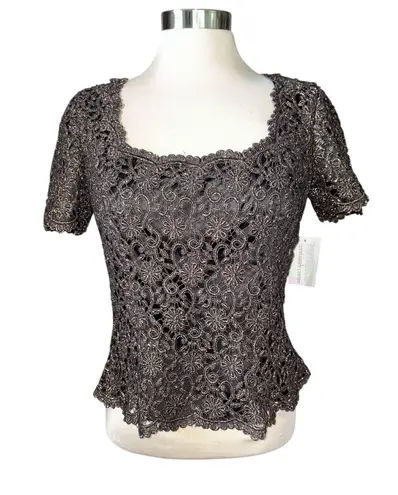 Oleg Cassini Black Tie blouse deep scoop neckline full zip back lined Size 4 NWT