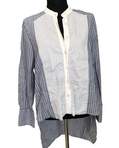 BCBGMAXAZRIA  pinstripe blue white colorblock hi low mandarin button down LS top