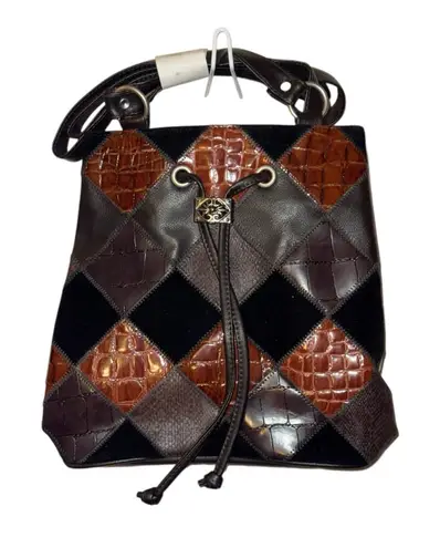 Avon Vintage Patchwork Drawstring Bucket Bag Brown Faux Leather Alligator Emboss - Image 1