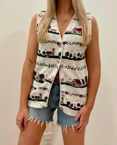 Vintage Speckled Floral Cottage House Tree Print Button Front Sweater Vest in Cream Tan Size L