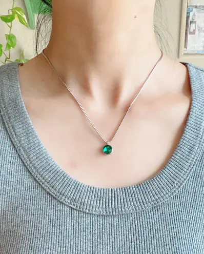 Handmade stainless steel chain & green glass crystal chic vintage retro style simple necklace💚