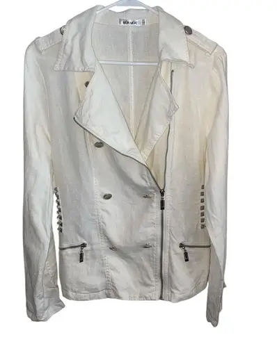 Mur Mur white studded linen double breasted moto military style zipper jacket Size L