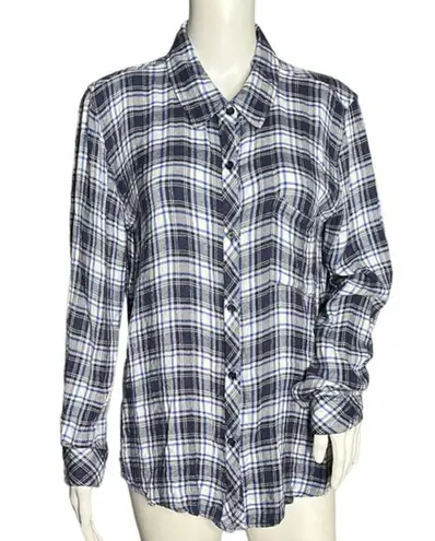 Duck & Weave Shirt Womens Large Blue Black Plaid Button Up Flannel Camp Cabin Blue