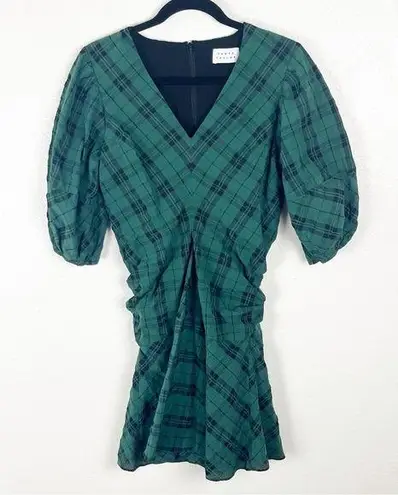 Tanya Taylor Emmaline Green Black Plaid Puff Sleeves Back Pleating Mini Dress 2