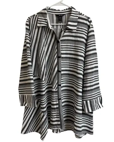 Ali Miles Women Sz XL Black White Stripe Minimalist Long Tunic Top Crinkle Artsy