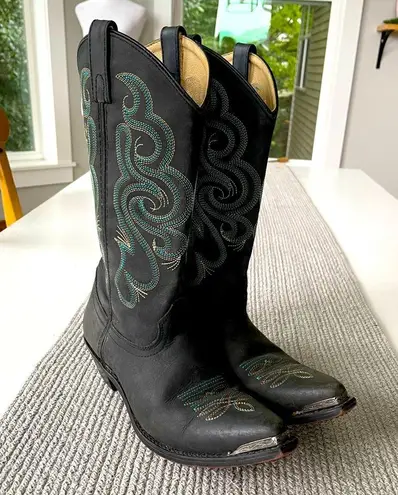 Vintage Smokey Mountain Teal Brown Embroidered Black Leather Cowboy Boots Size 8