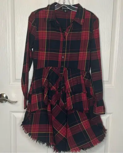 Belle Vere Sz M Plaid Frayed High Low Button Up Top Studded Waist Red Black