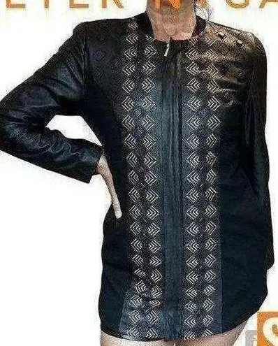 Peter Nygard black faux leather and knit embellished zipper jacket sz S