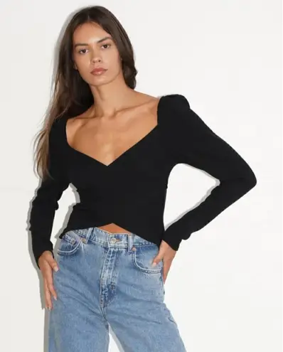 LNA Una Top Black Tencel Blend Ribbed Long Sleeve Wide Neck Cropped Top Size M