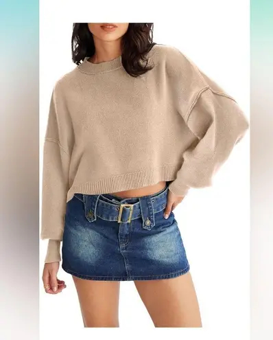 Sweater Womens XL Beige Crop Top Crewneck Cropped Batwing Sleeve Ribbed Tops D1