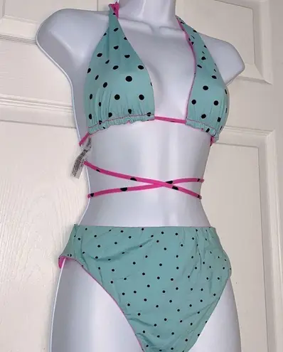 PINK - Victoria's Secret Victoria’s Secret Pink Reversible Bikini Set Polka Dot Hot Pink Tiffany Blue