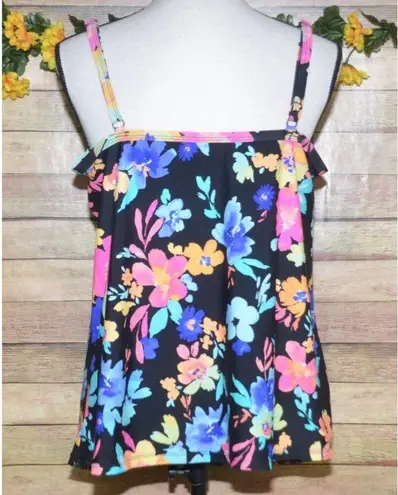 Island Escape Ladies Full Bust Tankini Bright Floral Print Size 14 Summer Beach Black
