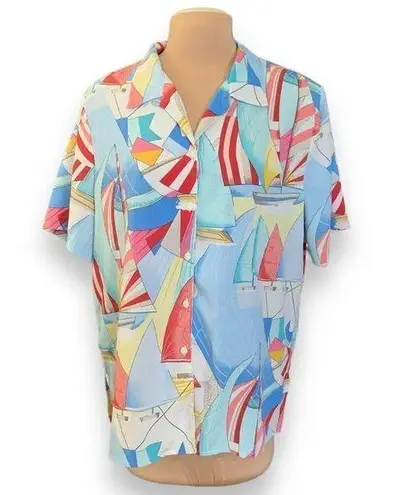 Vintage Top Blue Yellow Nautical Sailboat Print Crinkle Fabric Short Sleeve 16