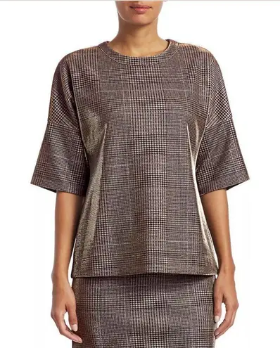 Akris Punto Metallic Lurex Glen Check Top 3/4 Sleeve Plaid Silver Women's 12
