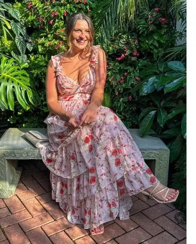 Mac Duggal Pink Floral Ruffled Sweetheart Sleeveless A-Line Gown Size 6