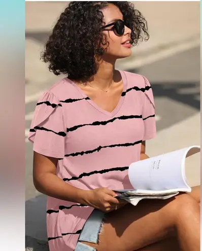 🦋 Pink and Black Striped Women's Top Casual Comfy Stretch Soft XXL