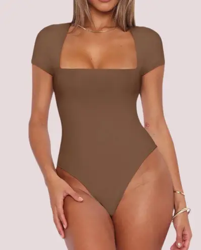 NWT REORIA Brown Square Neck Cap Sleeve Bodysuit