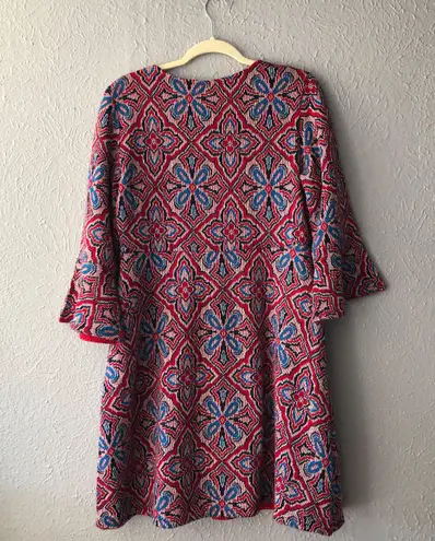 Maeve by Anthropologie Sweater Dress, Large, Red/Blue Knit Pattern 3/4 Sleeves