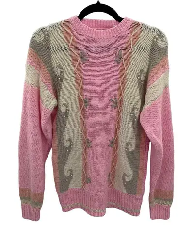 Vintage 80s Mister Noah Coquette Sweater Small Pink Acrylic Pearl Embellished