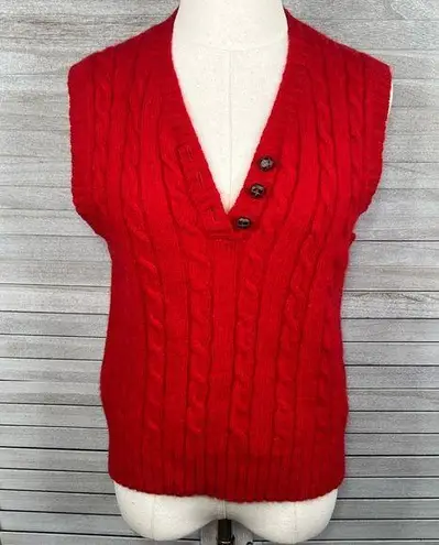 B.I. GEAR Vintage Cable Knit Shetland Wool Sweater Vest Buttoned V Neck Red