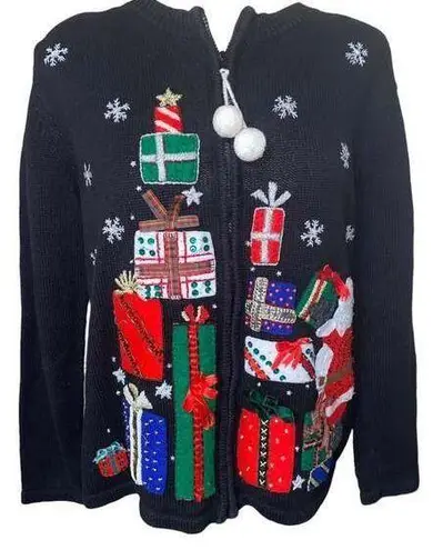 Vintage Christmas Sweater embroidered sequins embellished snowflakes Santa sz M Size M