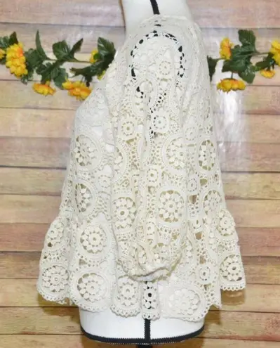 JustFab Ladies S Cream Crochet 3/4 Puff Sleeve Top Cottage Granny Core Boho