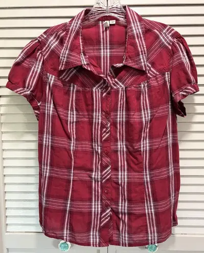 st. john's bay  Red/White Plaid Short Puff Sleeve Button Up‎ Blouse Size XL - Image 1