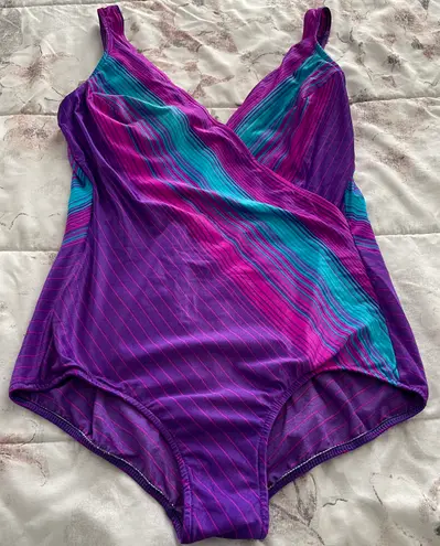 Maxine of Hollywood Vintage One Piece Purple Blue Pink Striped Swimsuit, size M