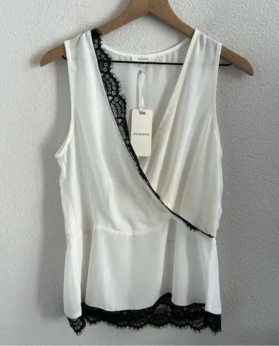 Pleione NWT White with Black Lace Trim Tank Faux Wrap Upper Small