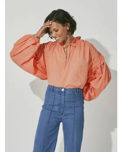 Cleobella Phoenix Coral Peach Blouse Organic Cotton Dobby Ruffle Sz XS