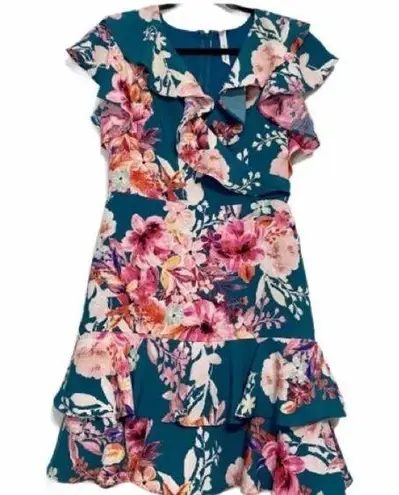 Ny Collection Teal Pink Floral V Neck Dress